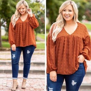 Rust Orange Swiss Dot Balloon Sleeve V Neck Boho Dainty Blouse Top Medium‎ M